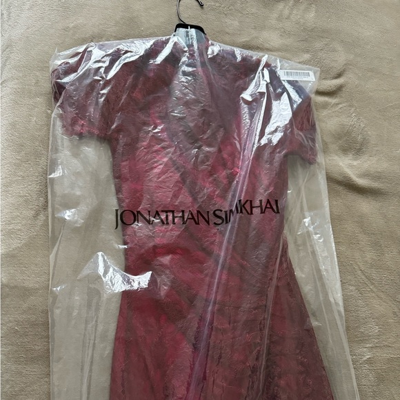 JONATHAN SIMKHAI Siren Red Satin Lace Short Sleeve Dress